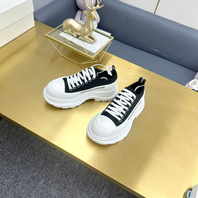 TREAD SLICK LACE UP SNEAKERS IN BLACK CANVAS WHITE  RUBBER SOLE