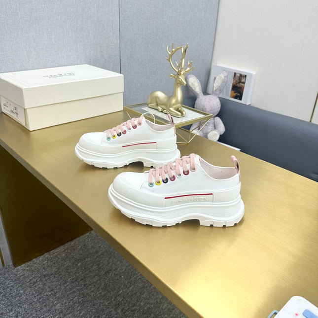 TREAD SLICK LACE UP SNEAKERS WHITE CANVAS PINK LACES MULTICOLOUR EYELETS