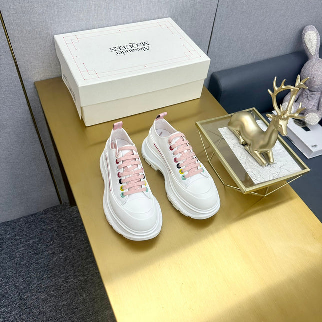 TREAD SLICK LACE UP SNEAKERS WHITE CANVAS PINK LACES MULTICOLOUR EYELETS