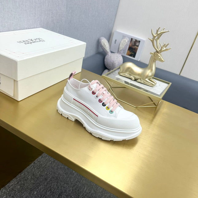 TREAD SLICK LACE UP SNEAKERS WHITE CANVAS PINK LACES MULTICOLOUR EYELETS