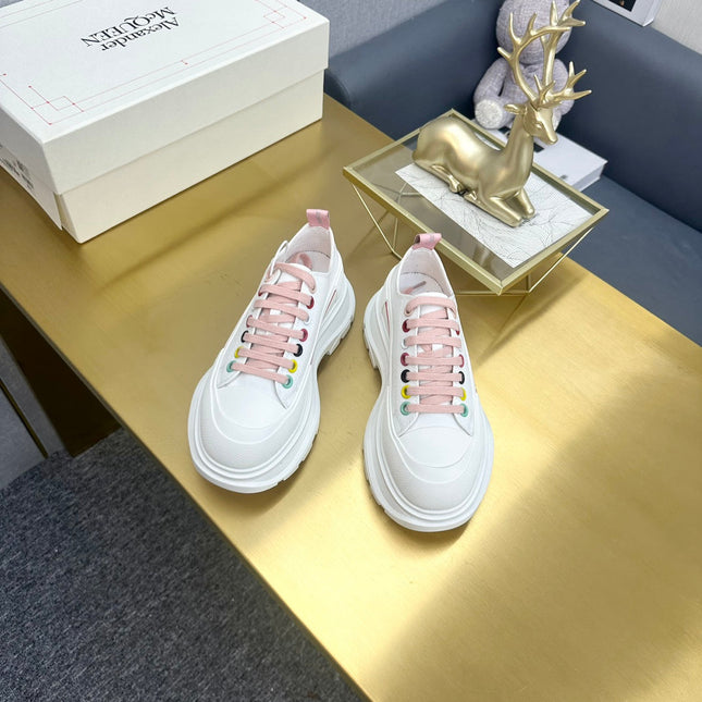 TREAD SLICK LACE UP SNEAKERS WHITE CANVAS PINK LACES MULTICOLOUR EYELETS