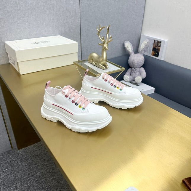 TREAD SLICK LACE UP SNEAKERS WHITE CANVAS PINK LACES MULTICOLOUR EYELETS