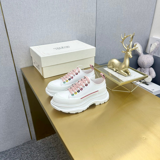 TREAD SLICK LACE UP SNEAKERS WHITE CANVAS PINK LACES MULTICOLOUR EYELETS