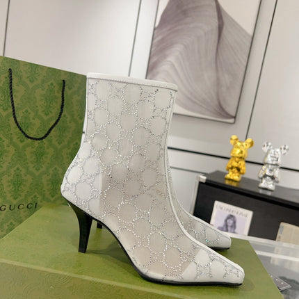 ANKLE BOOTS IN WHITE MESH AND SHEEPSKIN WITH GG CRYSTALS