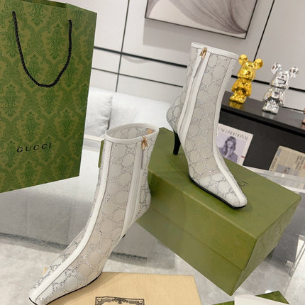 ANKLE BOOTS IN WHITE MESH AND SHEEPSKIN WITH GG CRYSTALS