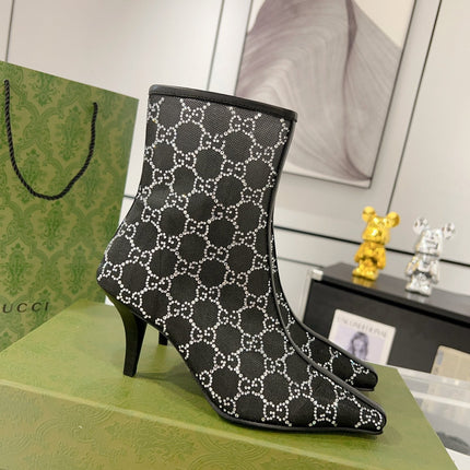 ANKLE BOOTS IN BLACK MESH AND SHEEPSKIN WITH GG CRYSTALS