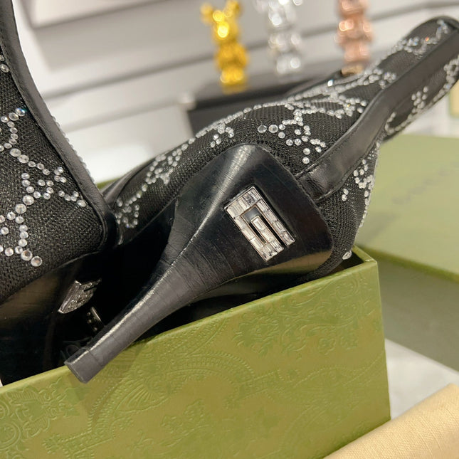 ANKLE BOOTS IN BLACK MESH AND SHEEPSKIN WITH GG CRYSTALS