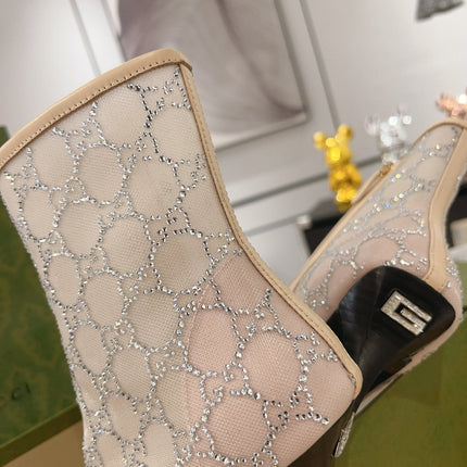 ANKLE BOOTS IN BEIGE MESH AND SHEEPSKIN WITH GG CRYSTALS