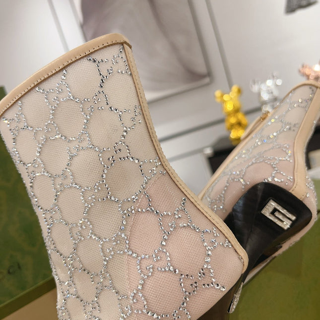 ANKLE BOOTS IN BEIGE MESH AND SHEEPSKIN WITH GG CRYSTALS