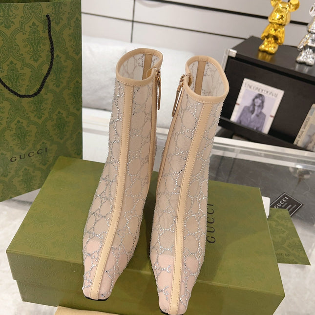 ANKLE BOOTS IN BEIGE MESH AND SHEEPSKIN WITH GG CRYSTALS