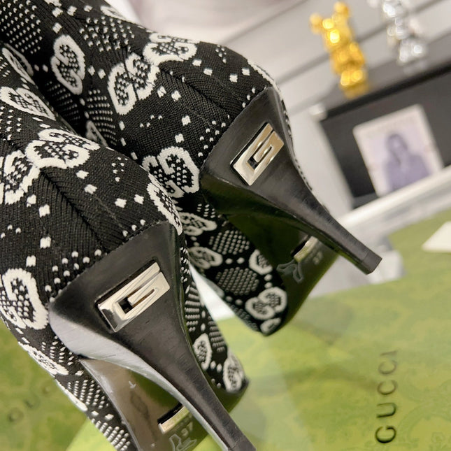 ANKLE BOOTS IN BLACK MIX WHITE KNITTED FABRIC WITH RETRO STYLE