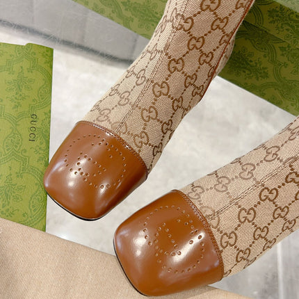 GG KNEE BOOTS IN BRONZE BROWN MONOGRAM CANVAS AND GLOSSY SHEEPSKIN