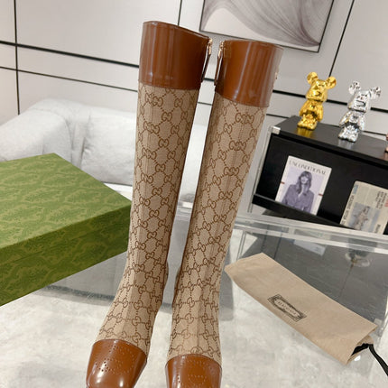 GG KNEE BOOTS IN BRONZE BROWN MONOGRAM CANVAS AND GLOSSY SHEEPSKIN