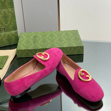 BLONDIE LOGO-PLAQUE LOAFERS IN FUSCIA PINK SUEDE WITH GOLD HARDWARE