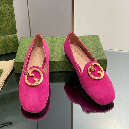 BLONDIE LOGO-PLAQUE LOAFERS IN FUSCIA PINK SUEDE WITH GOLD HARDWARE