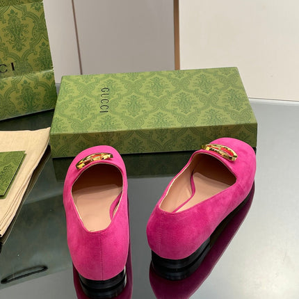 BLONDIE LOGO-PLAQUE LOAFERS IN FUSCIA PINK SUEDE WITH GOLD HARDWARE