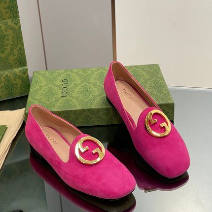 BLONDIE LOGO-PLAQUE LOAFERS IN FUSCIA PINK SUEDE WITH GOLD HARDWARE
