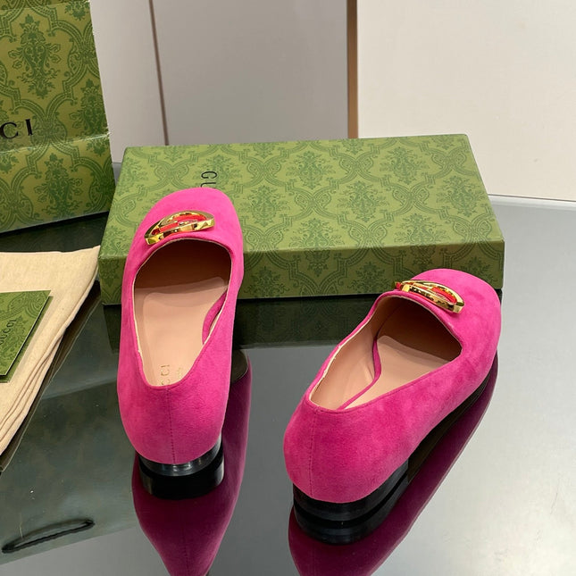 BLONDIE LOGO-PLAQUE LOAFERS IN FUSCIA PINK SUEDE WITH GOLD HARDWARE