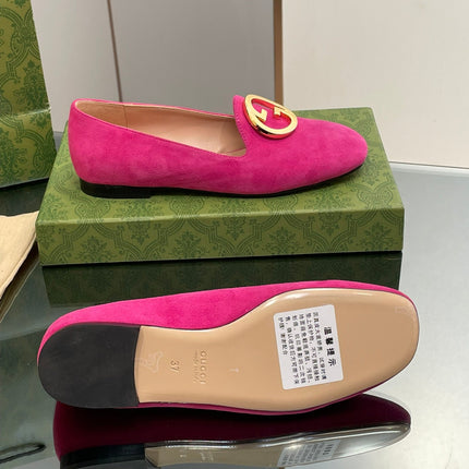 BLONDIE LOGO-PLAQUE LOAFERS IN FUSCIA PINK SUEDE WITH GOLD HARDWARE