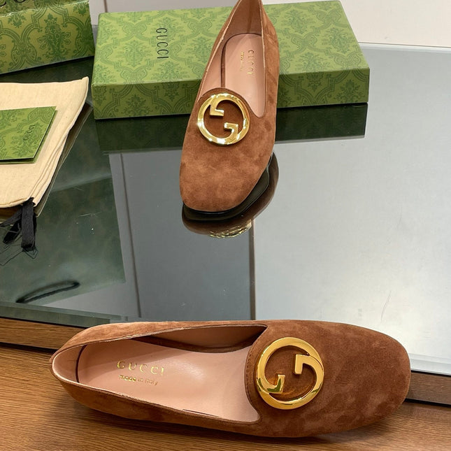 BLONDIE LOGO-PLAQUE LOAFERS IN BRONZE BROWN SUEDE WITH GOLD HARDWARE