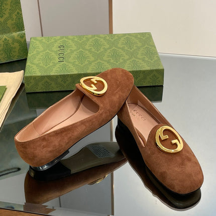 BLONDIE LOGO-PLAQUE LOAFERS IN BRONZE BROWN SUEDE WITH GOLD HARDWARE