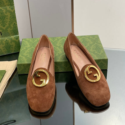 BLONDIE LOGO-PLAQUE LOAFERS IN BRONZE BROWN SUEDE WITH GOLD HARDWARE
