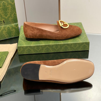 BLONDIE LOGO-PLAQUE LOAFERS IN BRONZE BROWN SUEDE WITH GOLD HARDWARE