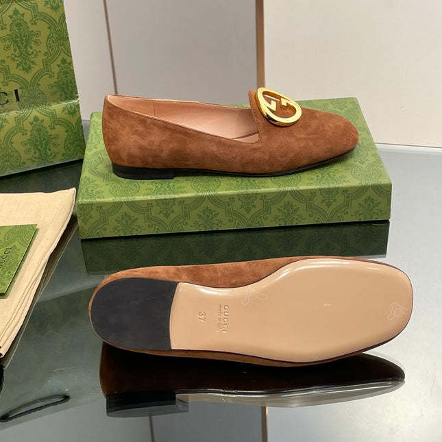 BLONDIE LOGO-PLAQUE LOAFERS IN BRONZE BROWN SUEDE WITH GOLD HARDWARE