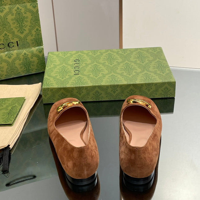 BLONDIE LOGO-PLAQUE LOAFERS IN BRONZE BROWN SUEDE WITH GOLD HARDWARE