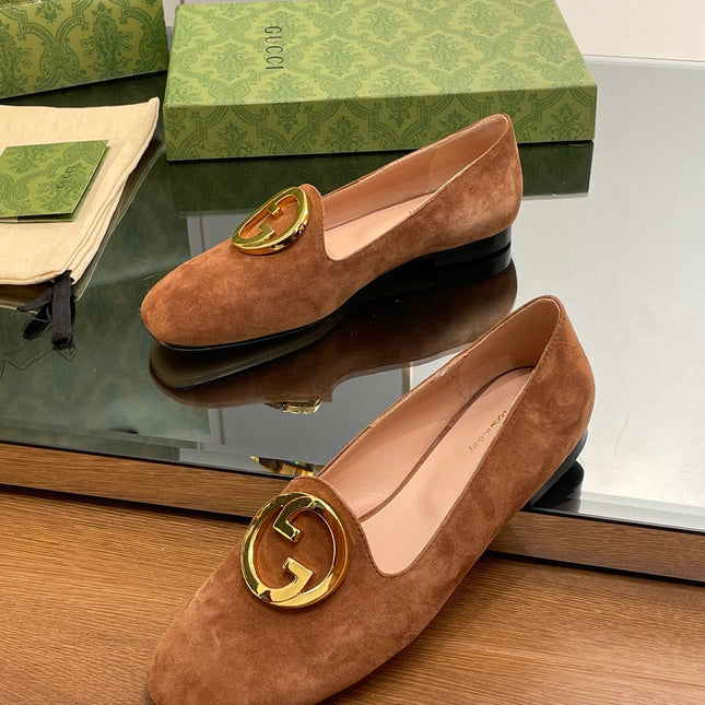 BLONDIE LOGO-PLAQUE LOAFERS IN BRONZE BROWN SUEDE WITH GOLD HARDWARE