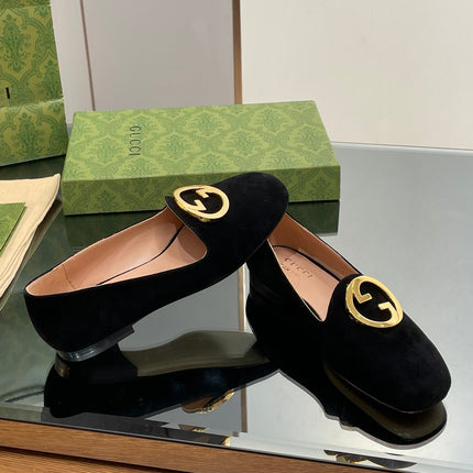 BLONDIE LOGO-PLAQUE LOAFERS IN BLACK SUEDE WITH GOLD HARDWARE