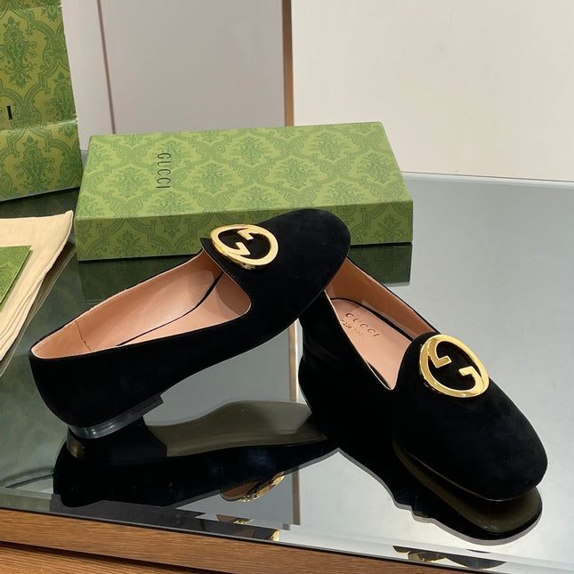 BLONDIE LOGO-PLAQUE LOAFERS IN BLACK SUEDE WITH GOLD HARDWARE