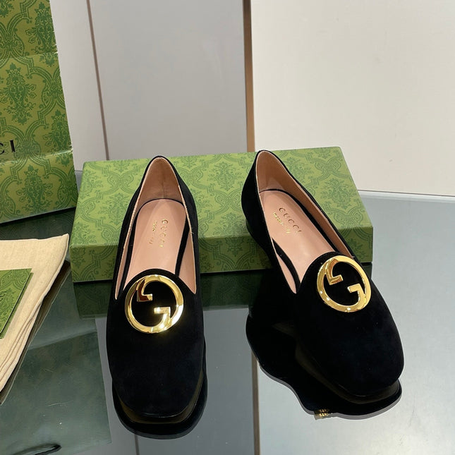 BLONDIE LOGO-PLAQUE LOAFERS IN BLACK SUEDE WITH GOLD HARDWARE