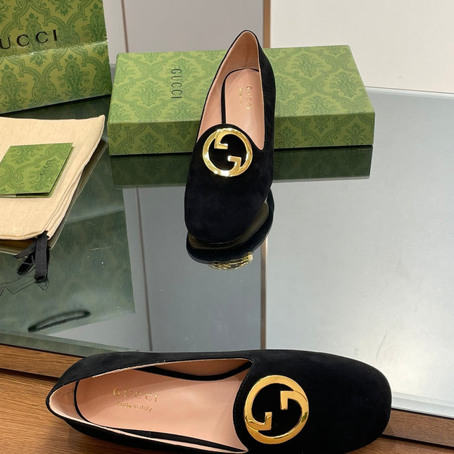 BLONDIE LOGO-PLAQUE LOAFERS IN BLACK SUEDE WITH GOLD HARDWARE
