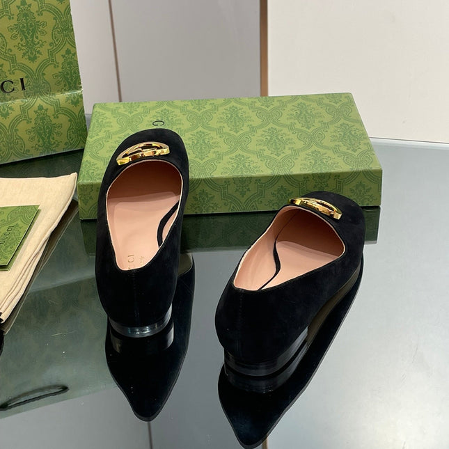 BLONDIE LOGO-PLAQUE LOAFERS IN BLACK SUEDE WITH GOLD HARDWARE