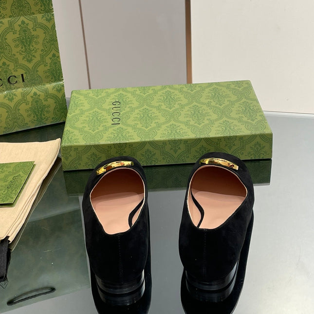 BLONDIE LOGO-PLAQUE LOAFERS IN BLACK SUEDE WITH GOLD HARDWARE