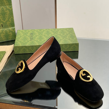 BLONDIE LOGO-PLAQUE LOAFERS IN BLACK SUEDE WITH GOLD HARDWARE