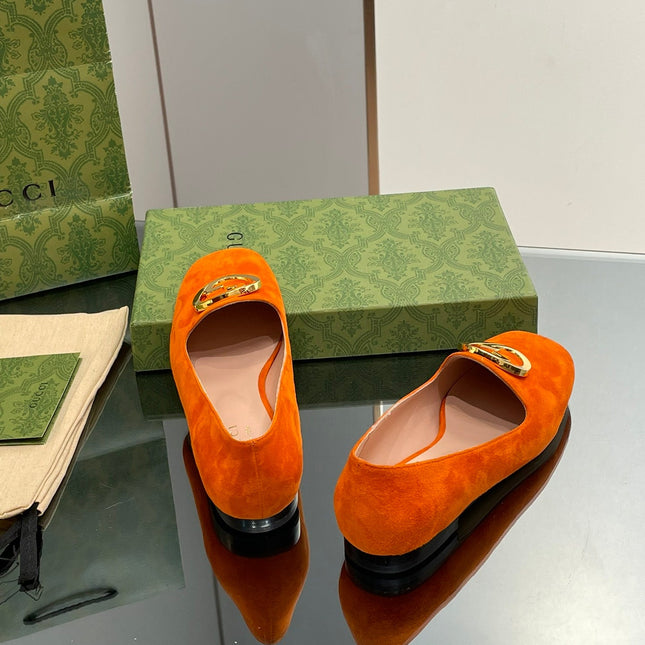 BLONDIE LOGO-PLAQUE LOAFERS IN TIGER ORANGE SUEDE WITH GOLD HARDWARE