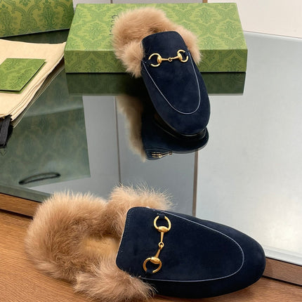 HORSEBIT MULE IN NAVY BLUE SUEDE AND LAMB WOOL LINING