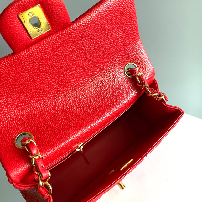 MINI RECTANGLE FLAP BAG 20CM RED CAVIAR GOLD HARDWARE