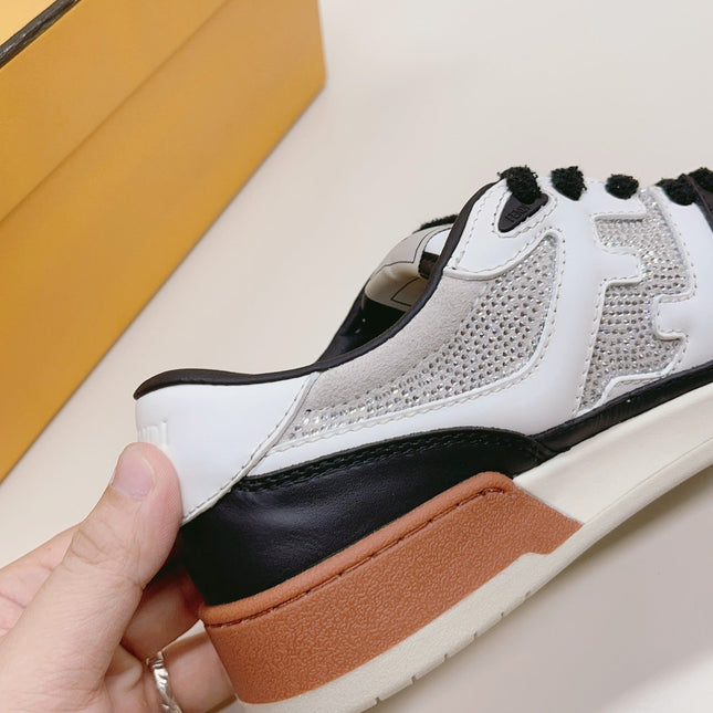 FENDI CASUAL SNEAKER IN BLACK MIX WHITE CALFSKIN ATTACH RHINSTONES