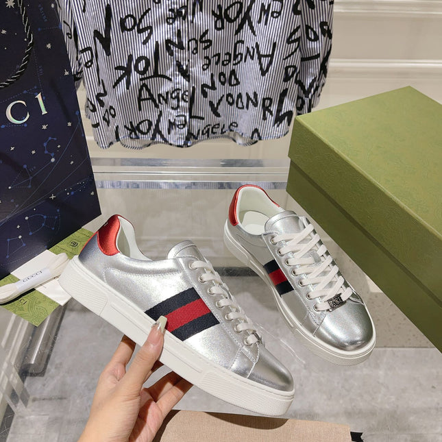 GG ACE GG SUPREME TRAINER SILVER CALFSKIN