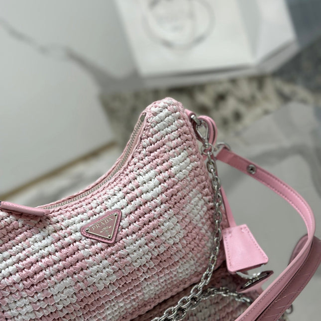 CROCHET HOBO BAG 22 IN PINK MIX WHITE RAFFIA SILVER HARDWARE