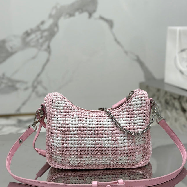 CROCHET HOBO BAG 22 IN PINK MIX WHITE RAFFIA SILVER HARDWARE