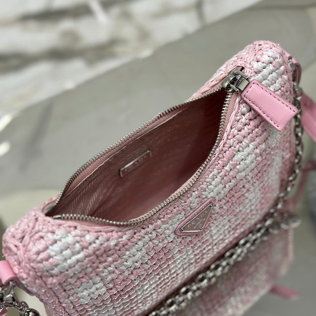 CROCHET HOBO BAG 22 IN PINK MIX WHITE RAFFIA SILVER HARDWARE