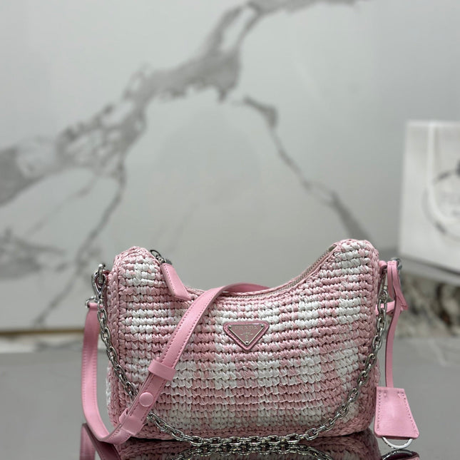 CROCHET HOBO BAG 22 IN PINK MIX WHITE RAFFIA SILVER HARDWARE