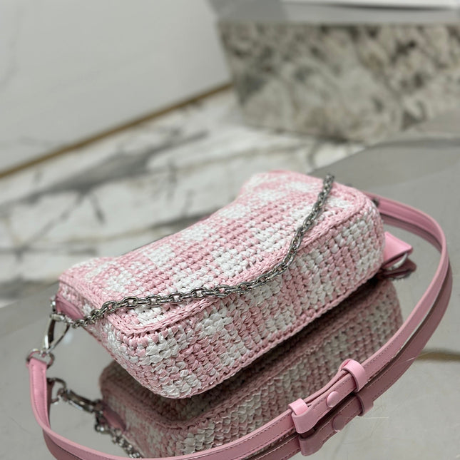CROCHET HOBO BAG 22 IN PINK MIX WHITE RAFFIA SILVER HARDWARE