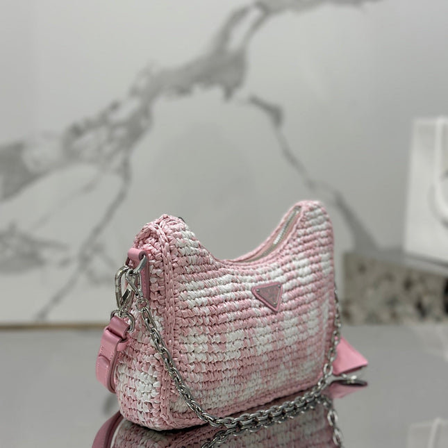 CROCHET HOBO BAG 22 IN PINK MIX WHITE RAFFIA SILVER HARDWARE