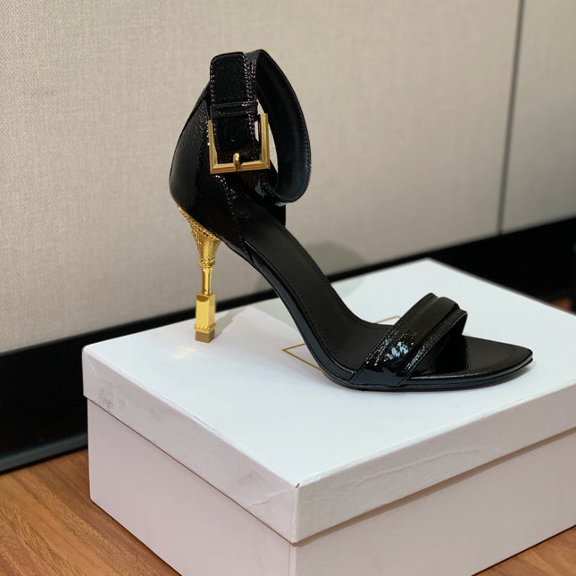 BALMAIN 25S SQUARE STRAP HIGH HEELS 100MM IN BLACK PATENT CALFSKIN