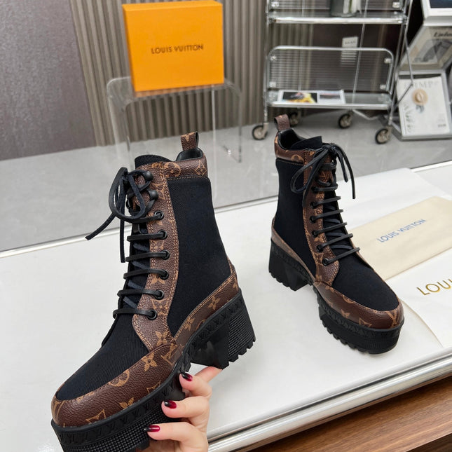 LAUREATE PLATFORM DESERT BOOT IN BLACK JACQUARD AND CHOCOLATE BROWN CALFSKIN